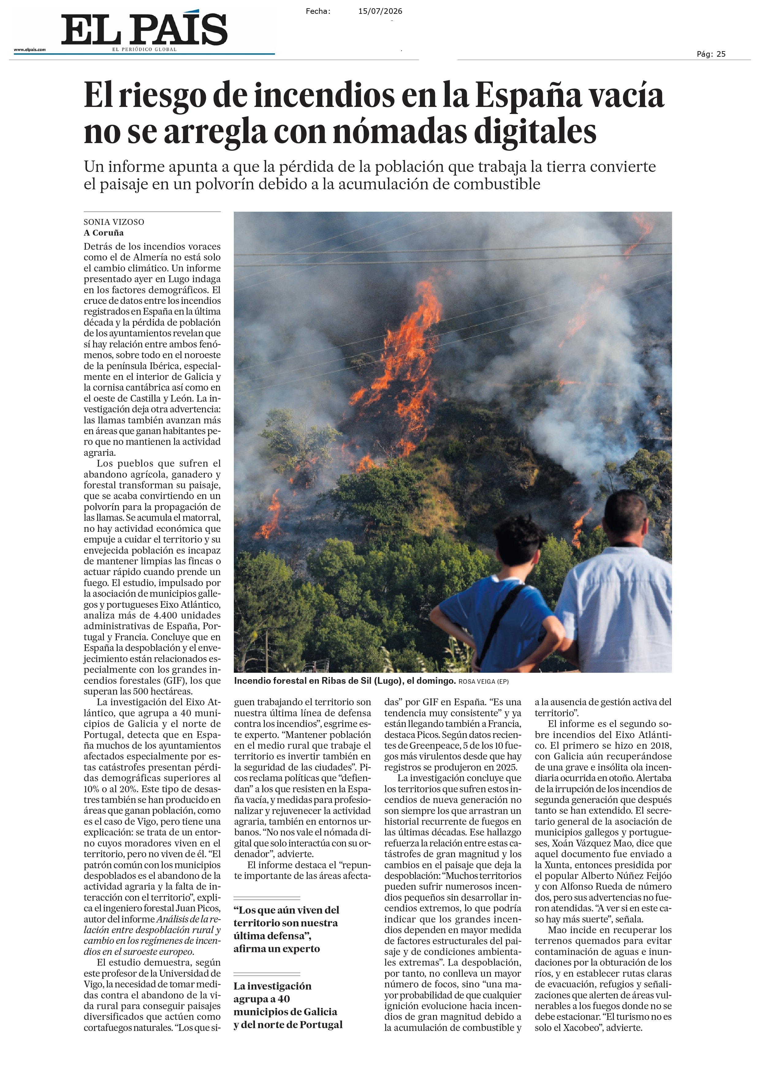 El País destaca el informe del Eixo Atlántico sobre el riesgo de incendios en los territorios afectados por la despoblación
