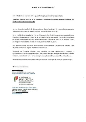Respuesta del Ministerio del Interior de Portugal al Eixo Atlántico sobre acceso al país por carretera