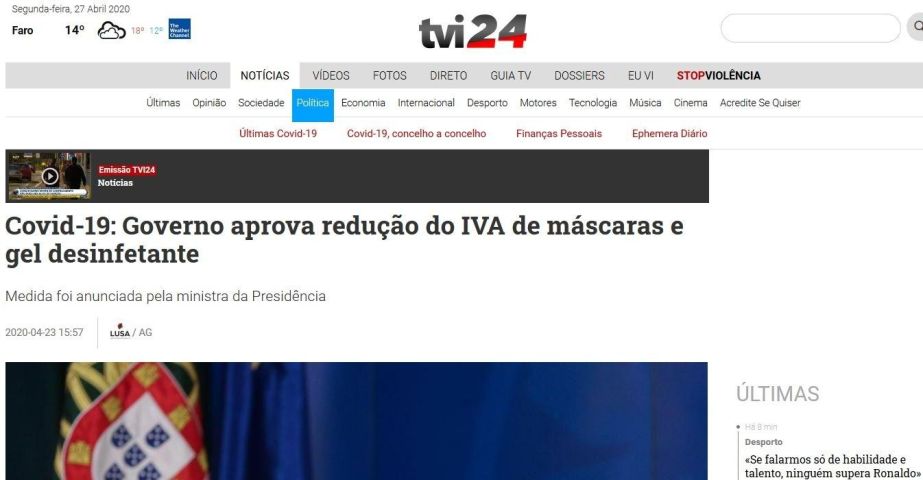 Goberno de Portugal aproba redución do IVE de máscaras e xel desinfectante