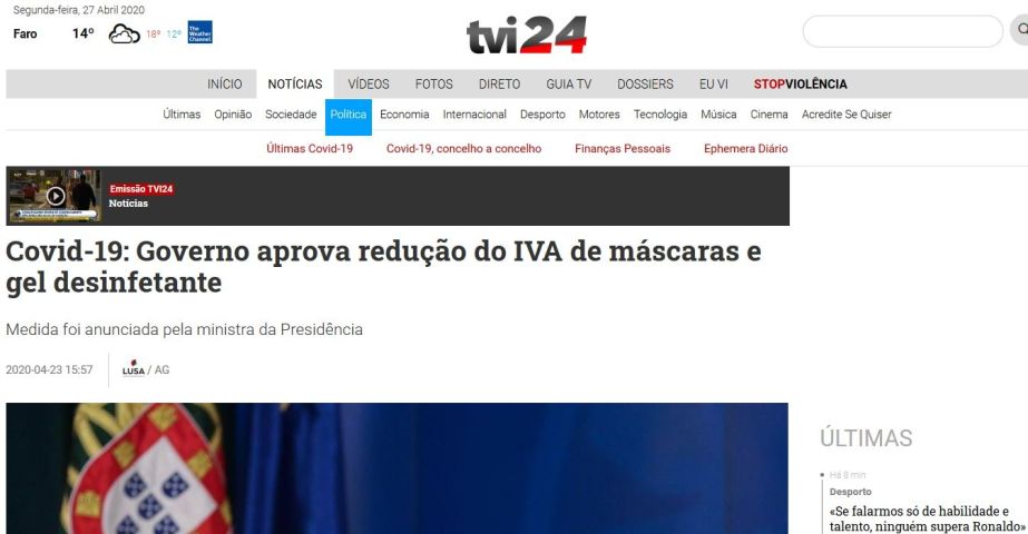 El Gobierno de Portugal aprueba reducción del IVA de máscaras y gel desinfectante